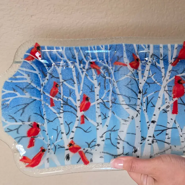 Peggy Karr Fused Art Glass Plate Tray Divided Footed Winter Cardinals 19 x 7.5