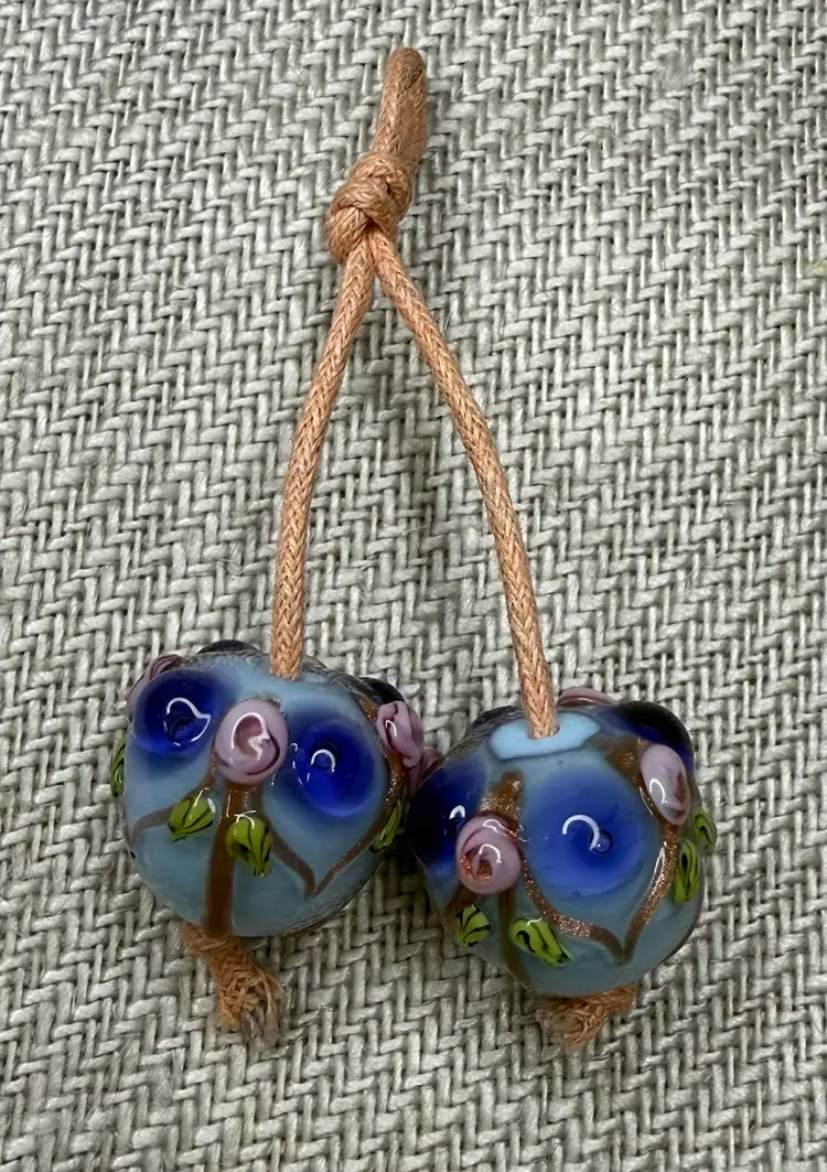 Lamp Work Beads Pair Floral Handmade