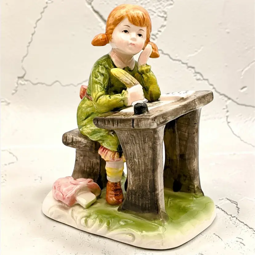 Vintage Enesco Japan Girl Sitting at Desk Writing with a Quil Pen E1584 Bookend