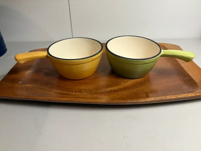 Two Enameled Cast Iron Butter Melters With Handles  5" Diameter x 2 1/2" Tall