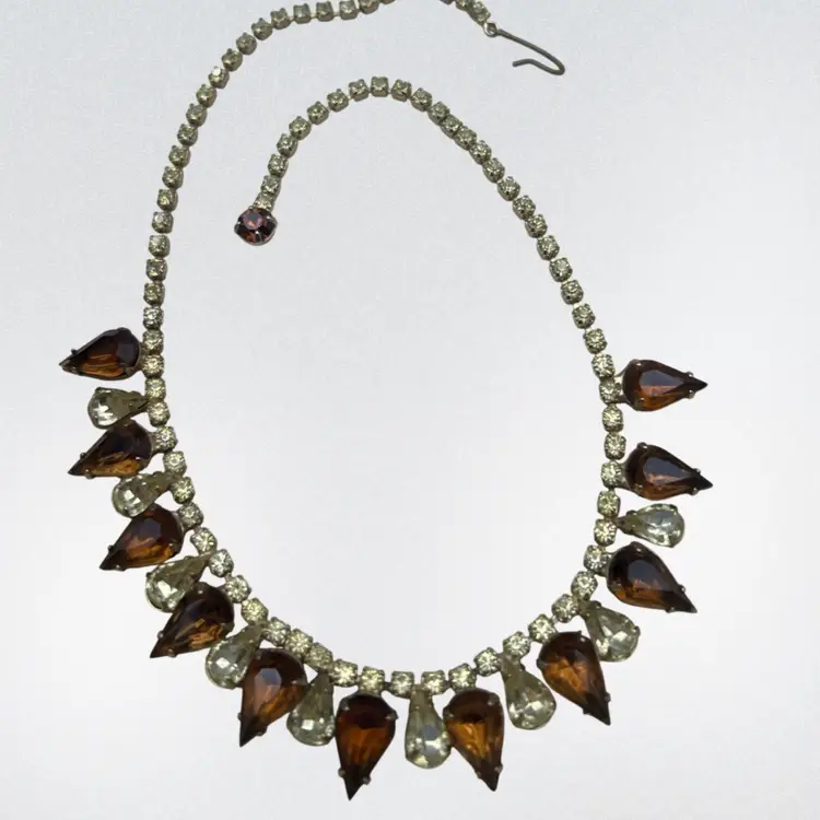 Vintage Amber & Champagne Rhinestone Fringe Necklace – 14” Mid-Century Teardrop Crystal Statement Collar