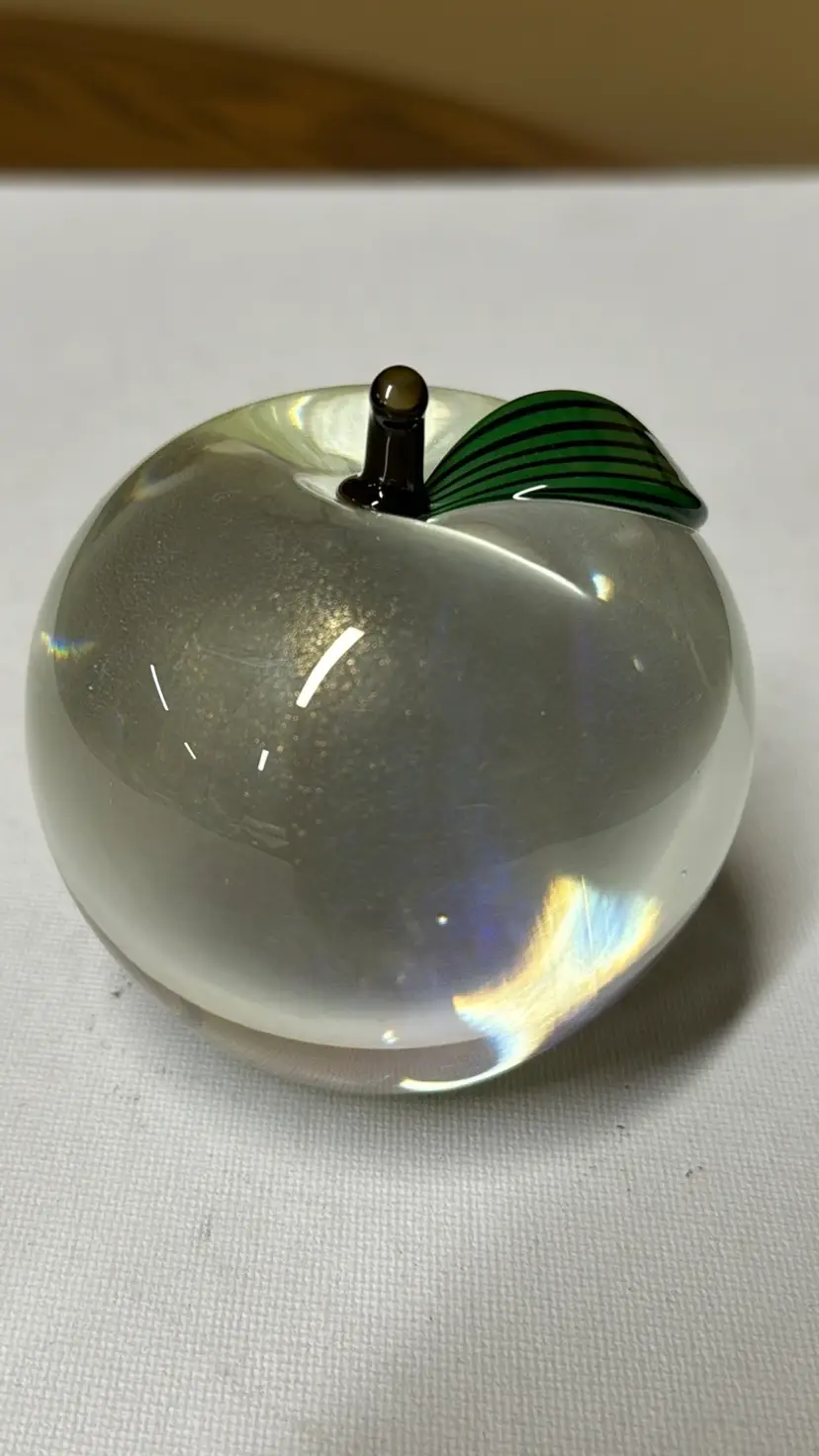 Orient & Flume Signed Art Glass Apple Paperweight gold flecks and glow