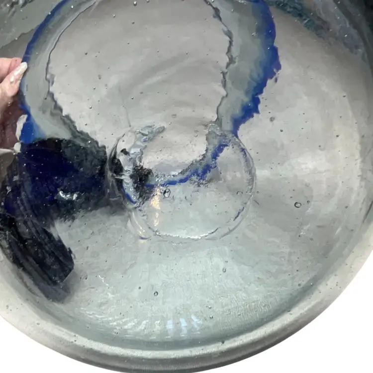 Mexican glass water jug with cobalt details and applied handle