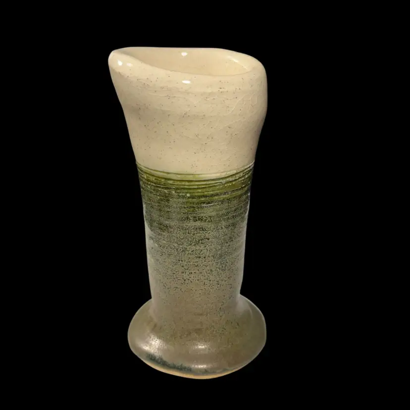 Studio Pottery Vase Signed w/ Green And Light Beige Handmade | 6”