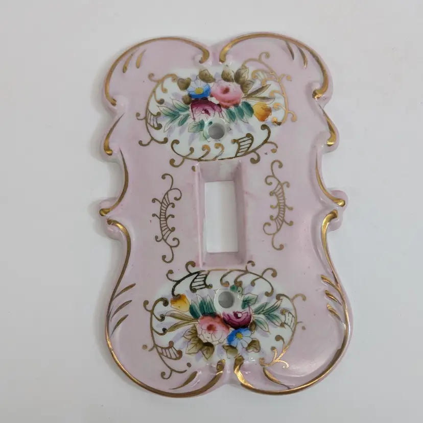 Vintage Arnart Floral Pink Porcelain Single Light Switch Cover Plate Gold Accent