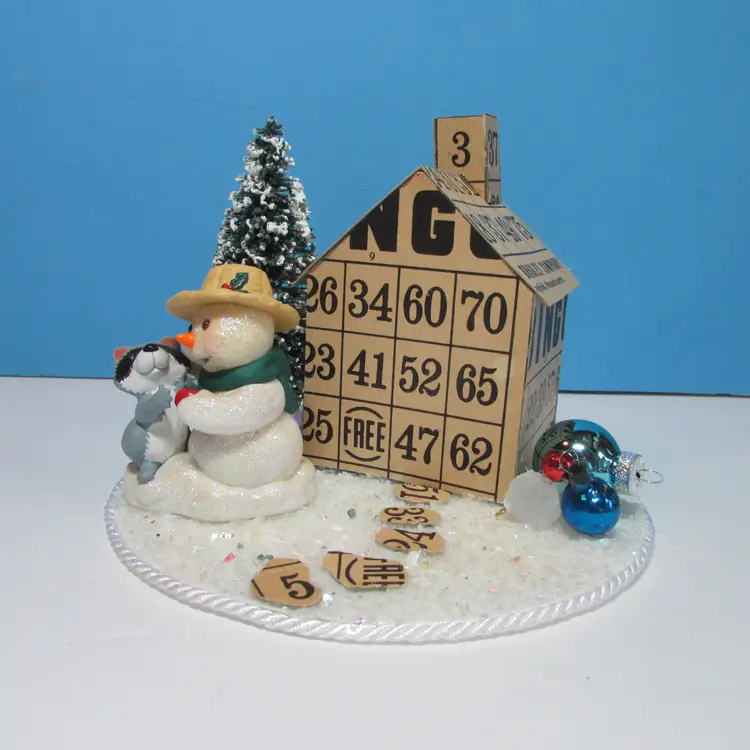vintage crafted Bingo card house snowman and raccoon Christmas winter scene