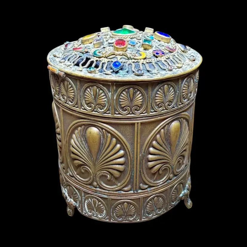 Antique Austrian Jeweled Brass Vanity Box Trinket Casket, Hinged Mirror Lid C. 1900