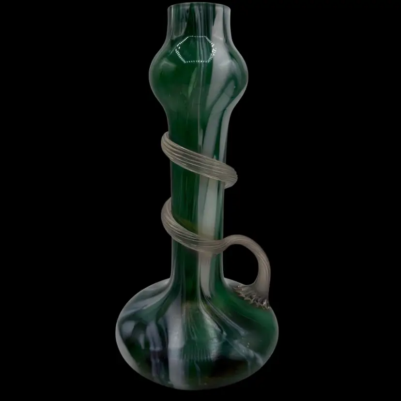 #01 Antique C. 1904 Joseph Rindskopf Bohemian Iridescent Marbled Green Glass Vase