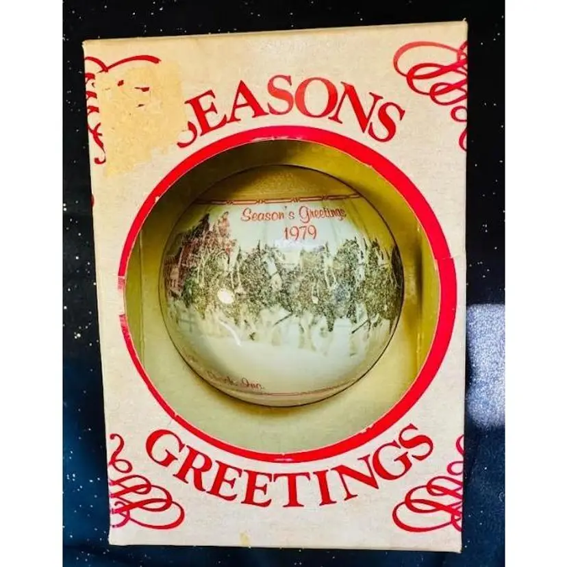 Vintage Anheuser Busch 1979 Christmas Ornaments Glass Clydesdales Greeting