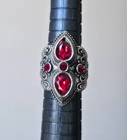 Large Costume Statement Ring Red Stones Silver Tone Whimsygoth Punk