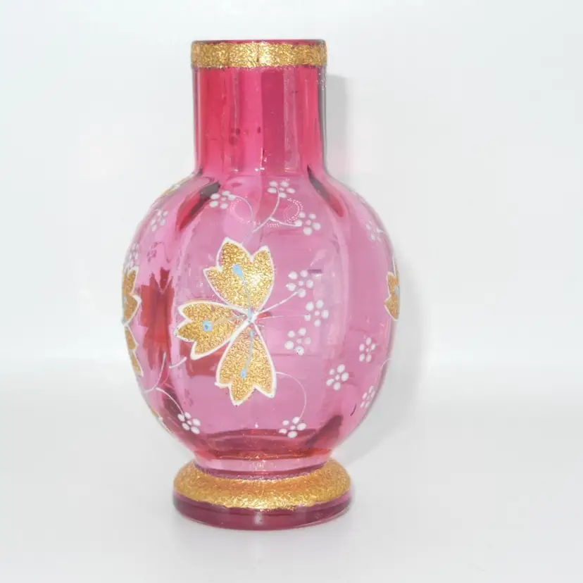 Antique MOSER GLASS, Bohemian Czech Hand Enameled, Cranberry Glass, 4" Vase With Real Gold Coralene Leaves! Miniature Vase