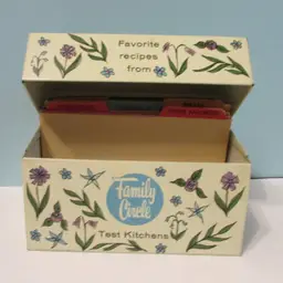 vintage metal Family Circle Test Kitchen Recipe Box with recipe cards Ohio Art