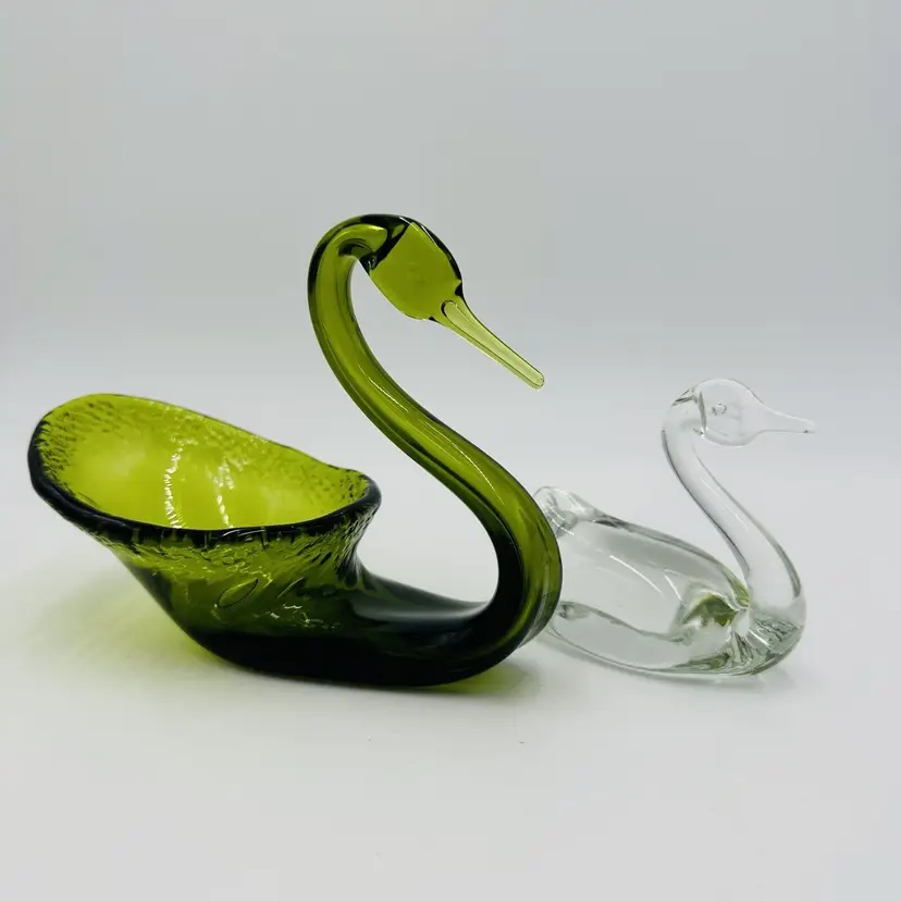 Viking Swan Pair Figurines Art Glass Green Avocado Clear Vintage Home Decor
