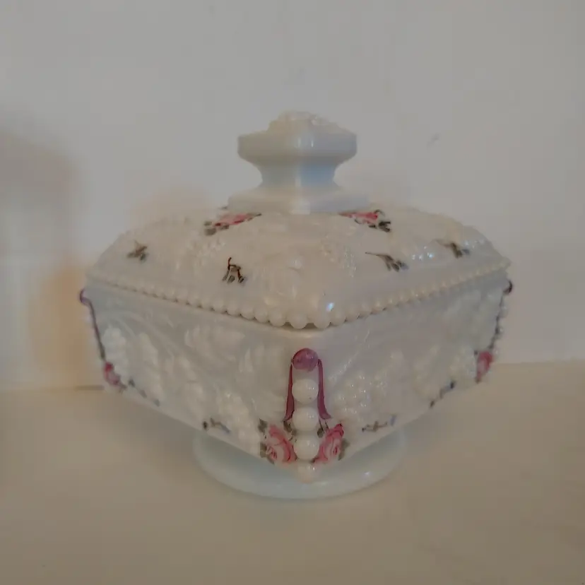 Westmoreland "Roses and Bows" hand painted candy dish with grape leaf motif. 5.5 inches tall. No chips or cracks.