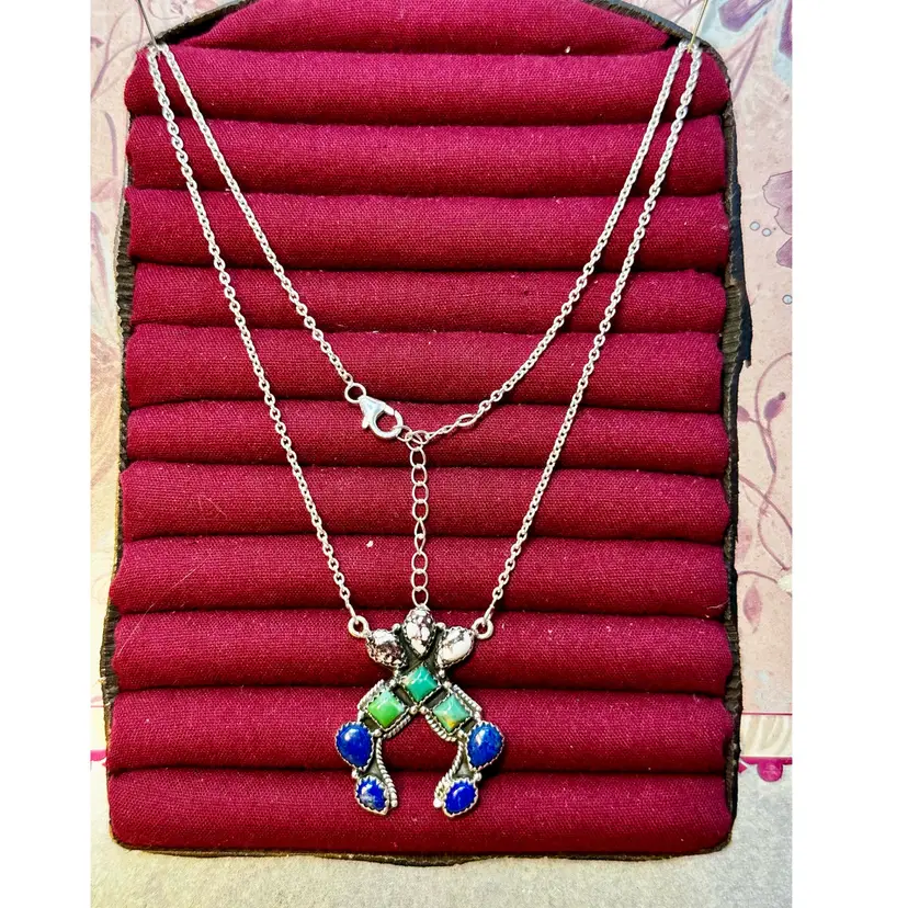Lapis, White Horse Spiney, & Turquoise 925 Sterling Silver Cluster Necklace 22 "