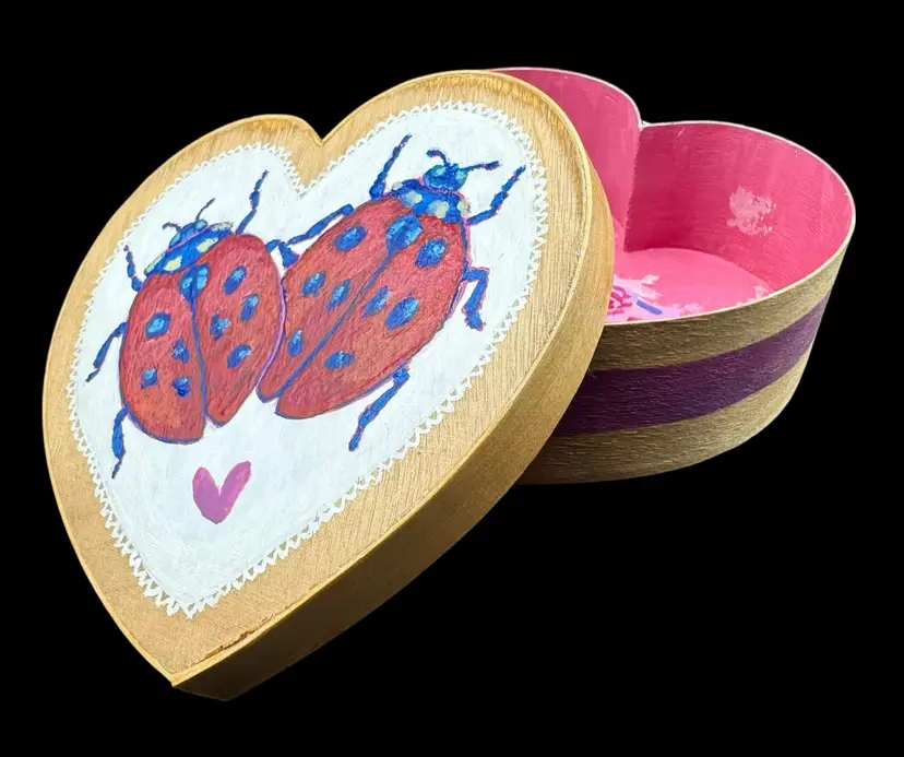 Original Art Hand Painted Wood Shaker Box Ladybugs Pink Floral