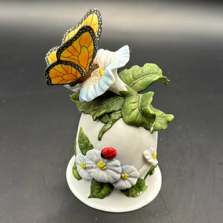 3D Figural Butterfly w/ Ladybug & Flowers Bisque Porcelain Bell 5”