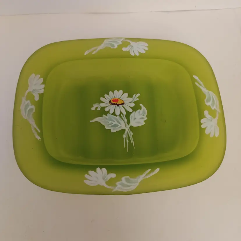 Westmoreland green satin glass soap holder or trinket dish with floral design. 1970's. No chips. 4.5 x 5.5.