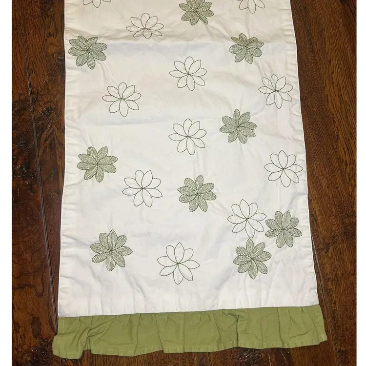 Table Runner 69" Long Cream Embroidered Green Flowers Ruffled Edge