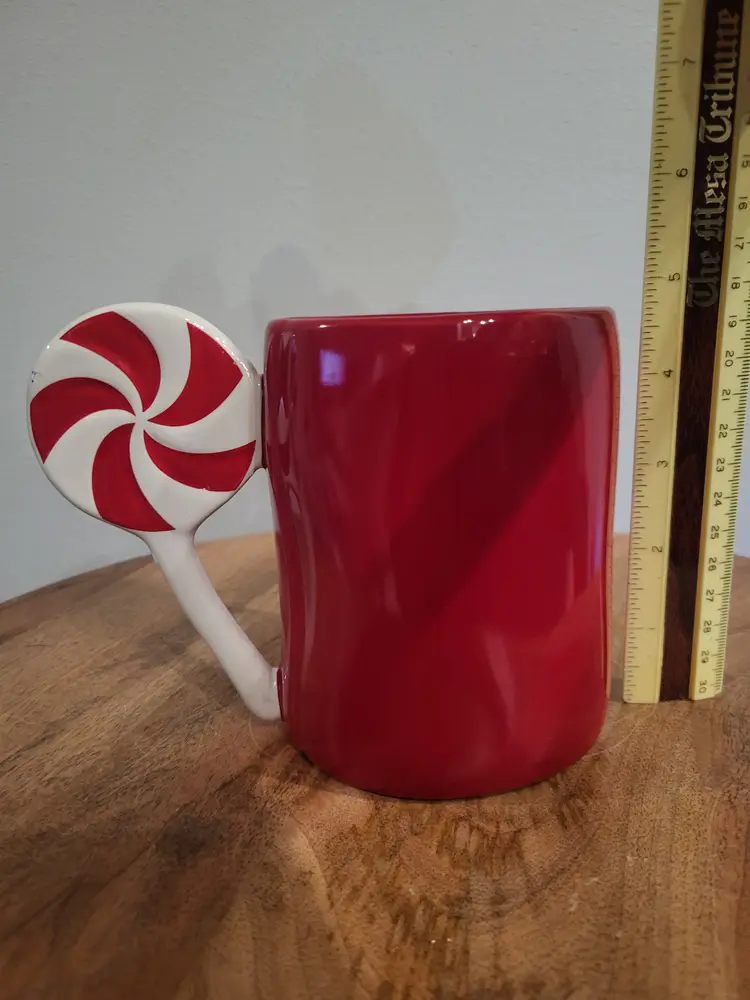 Rae Dunn "Merry" Red White Mug With Peppermint Handle Christmas