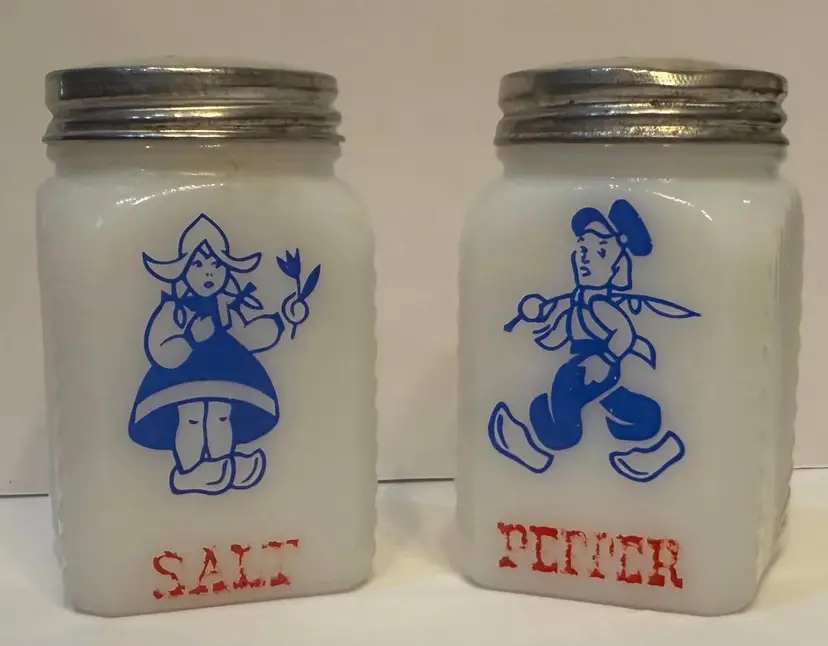 Vintage Atlas Milk Glass Salt and Pepper Shakers - Dutch Boy and Girl