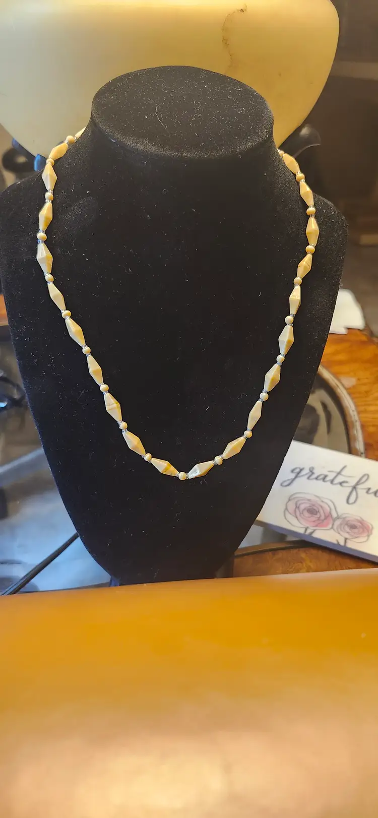 #01 Vintage Bone Glass Necklaces Necklaces Made  in India 18 inches long Brass barrel clasp.