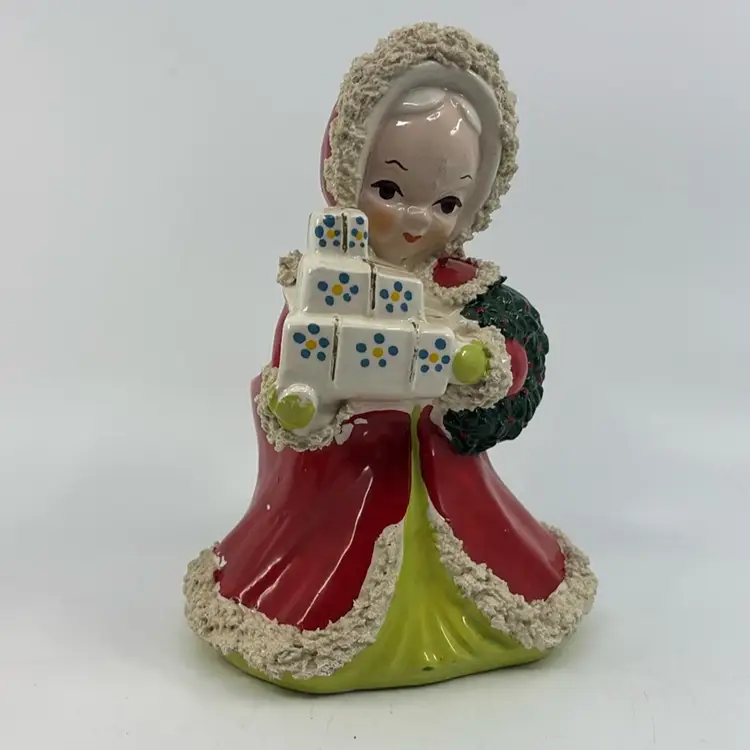 Kreiss Vintage Spaghetti Trim Christmas Shopper Girl Planter 7.5”