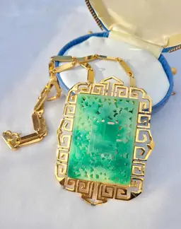 Vintage Vendome Asian Faux Green Jade Gold Tone Square Huge Pendant Necklace