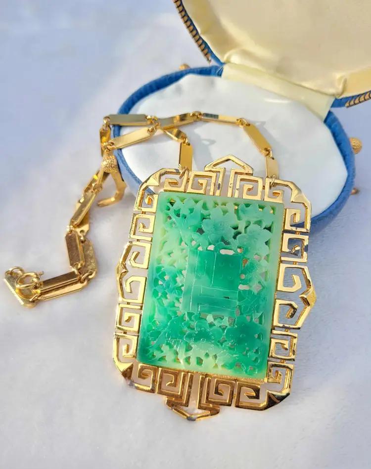Vintage Vendome Asian Faux Green Jade Gold Tone Square Huge Pendant Necklace