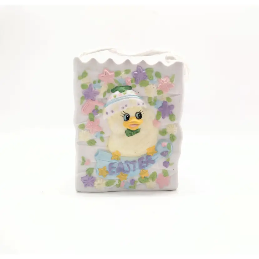 Vintage Easter Chick Shopping Bag Figurine Bisque Straw Handle Decor Spring