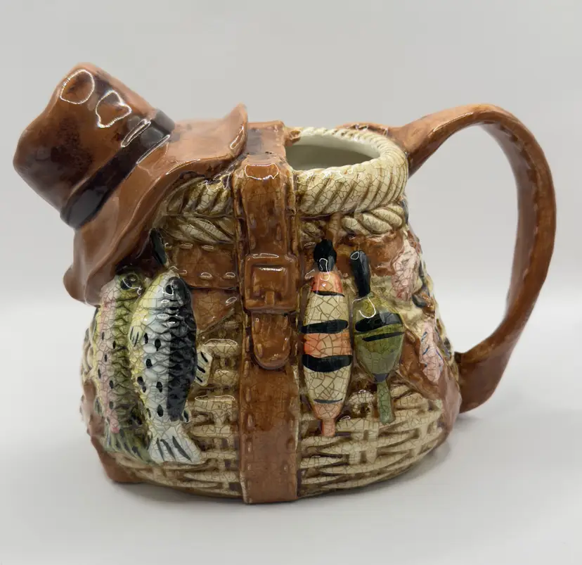 Vintage Ceramic Creel Fishing Basket Watering Can Jug Pitcher Vase with Hat Lid, Fly Fishing and Lure Details, Father’s Day Collectible Decor, Unbranded