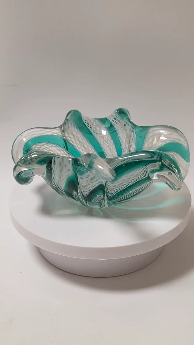 Murano Zanfirico Latticino 3-Leaf Clover Dish Bowl Green White Ribbons - READ