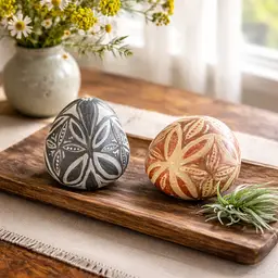 Two, 2" Tall Rustic Hand Painted Oval Pottery Paperweights, Artist Signed