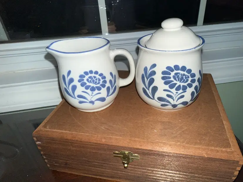 Country Heritage Creamer and Sugar Bowl Japan Beige Blue Flower Design Vintage