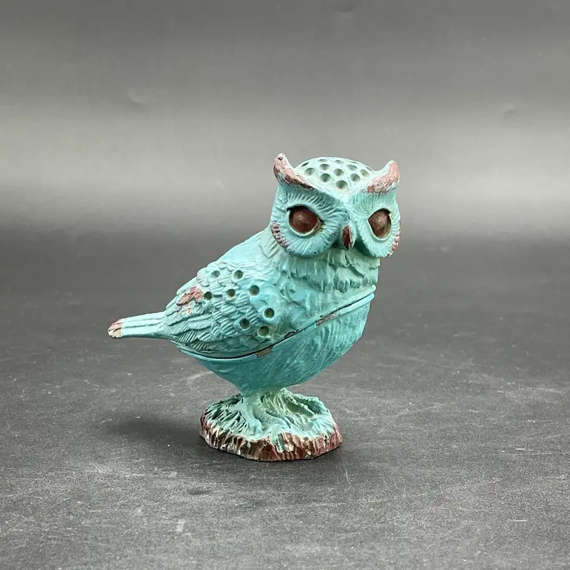 Metal Owl Figural Trinket Box Teal Turquoise Blue Home Decor