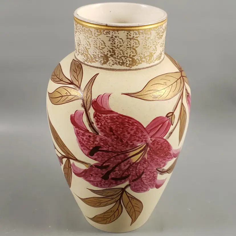 Antique English Creamware Hand Painted Pink Magnolias Gold Urn Style Vase