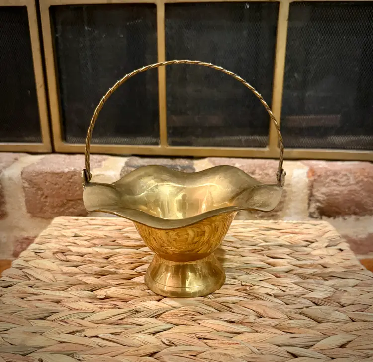 Vintage Solid Brass Pedestal Basket with Twisted Handle