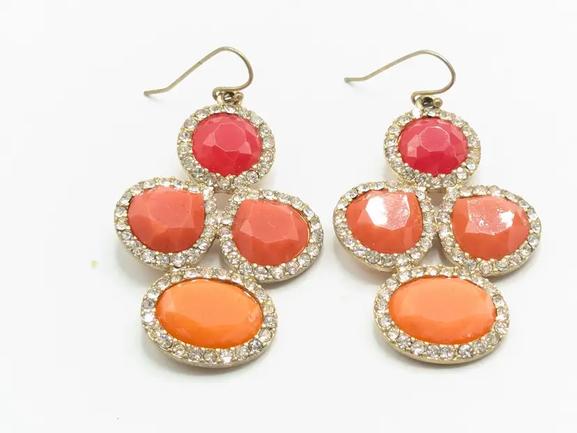 Gold Tone Shades of Orange Faceted Gems with Rhinestones Dangle Pierced Earrings