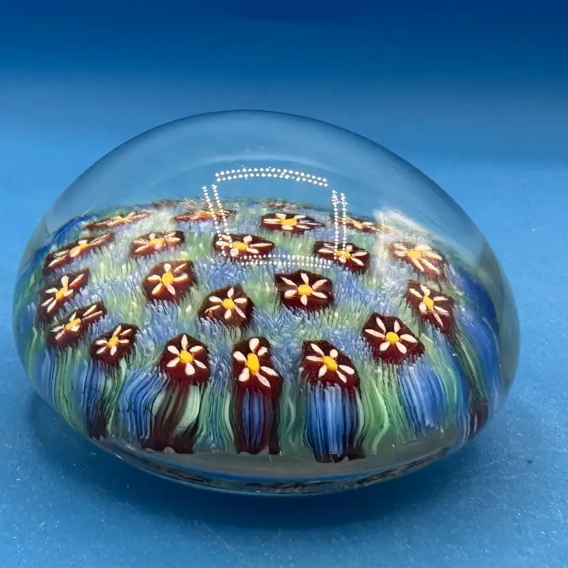 Vintage Murano Glass Millefiori Paperweight W/ Floral & Filament Design - Original Sticker