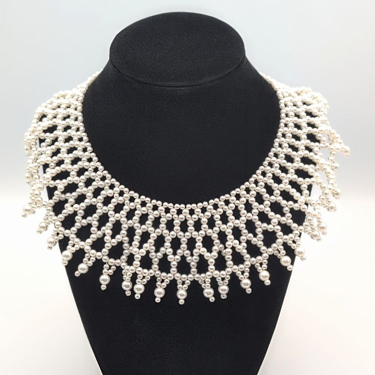 Vtg Bib Cleopatra Collar Faux Pearl Beaded Lace Motif RBG Necklace