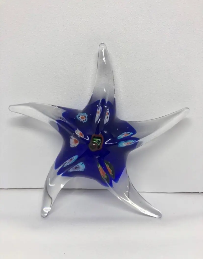 Blue & Millefiori Hand-Blown Art Glass Starfish Paperweight