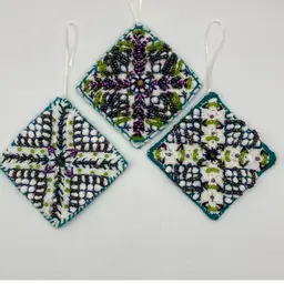Handmade Beaded Crocheted Ornament Squares (3) in Peacock Colors   4.5"