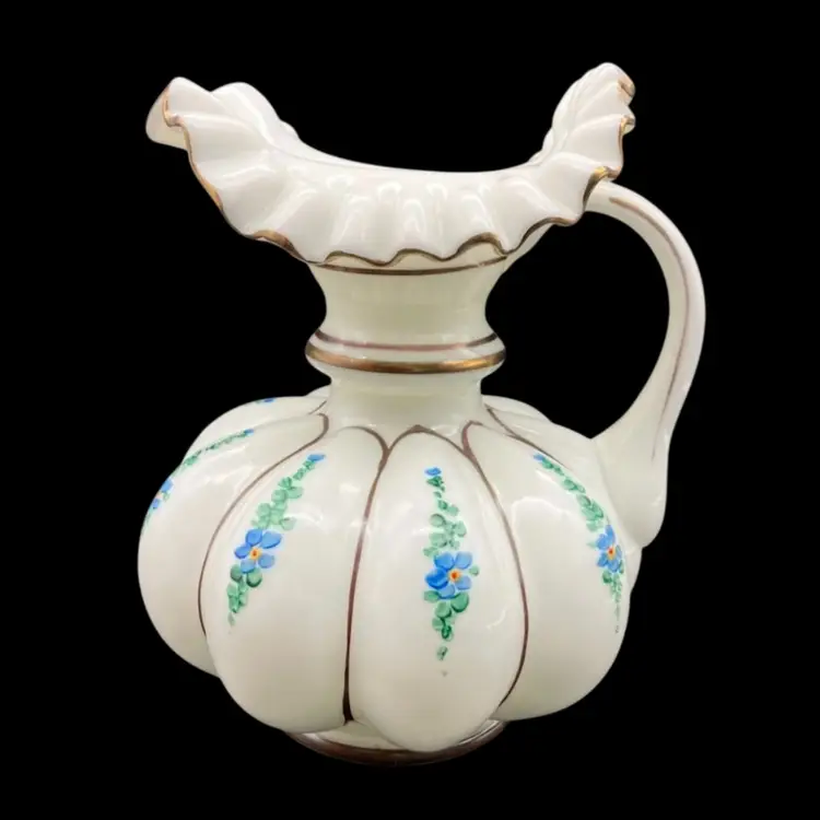 BIN - Vintage Fenton Tyndale Gold Ruffle Hand Painted Milk Glass Melon Pitcher 8”