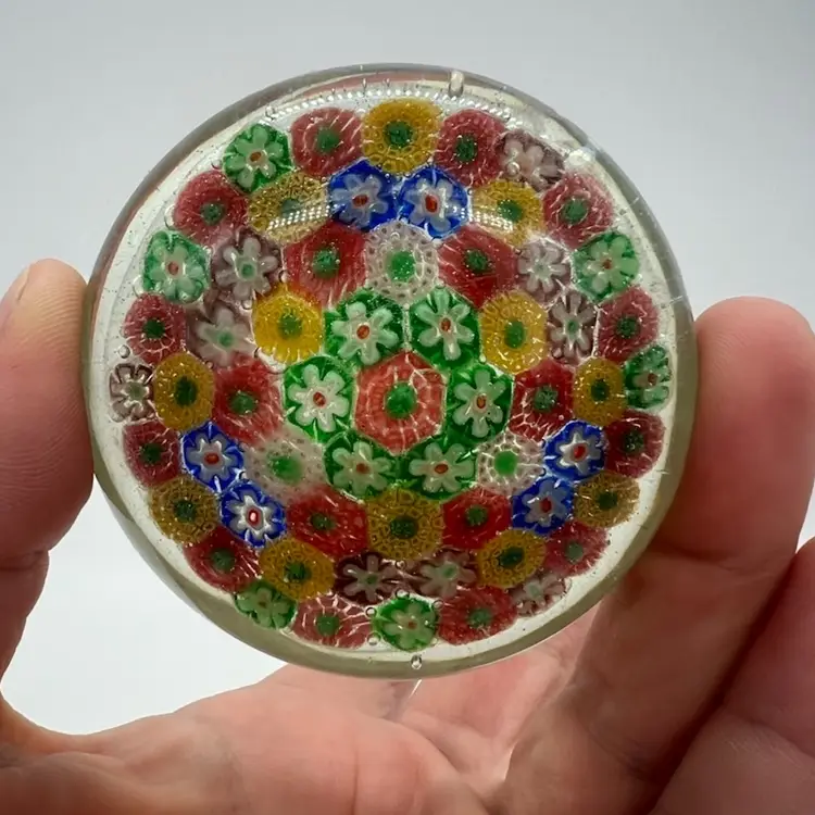 Vintage Small Millefiori Art Glass Paperweight 2.5" Red Yellow Blue Green