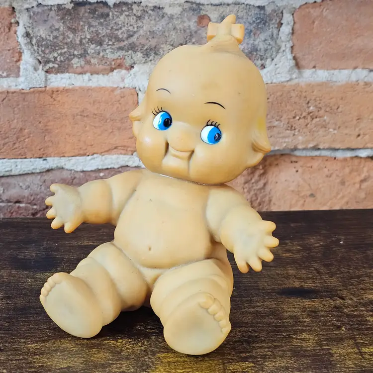 Vintage 1960's Rubber Kewpie Style Squeak Doll Blue Eyes Chubby Baby Rubber Squeak Doll