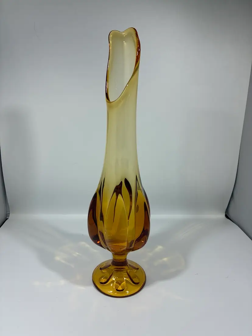 Vintage Viking Swung Glass Vase Epic 6 Petal Footed Amber 19" Tall 3.5" wide