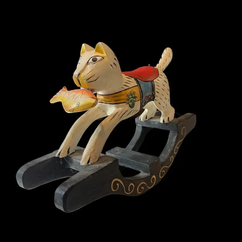 Vintage Rocking Cat, Feline Figurine, Cat with Fish, Eclectic Feline Rocking Figurine 8”x12”