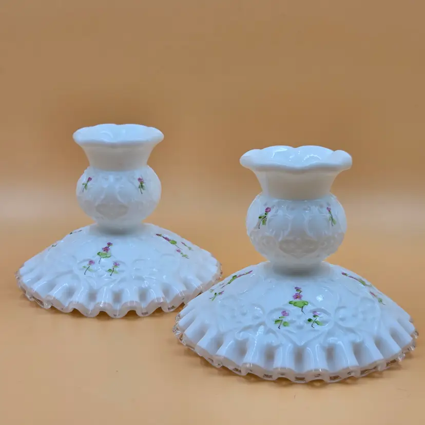 Fenton Silver Crest Spanish Lace Milk Glass Candlestick Hand Painted J Stevens