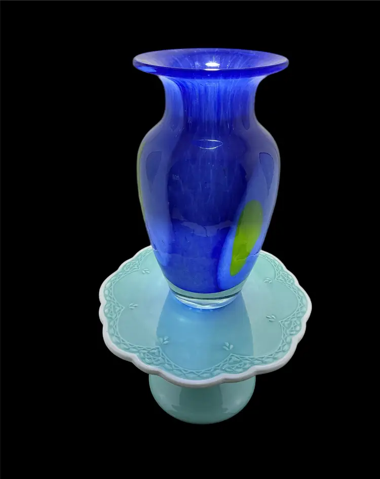 Hand Blown Art Glass Vase Cobalt Blue w Pulled Color • Studio Style Glass Vase