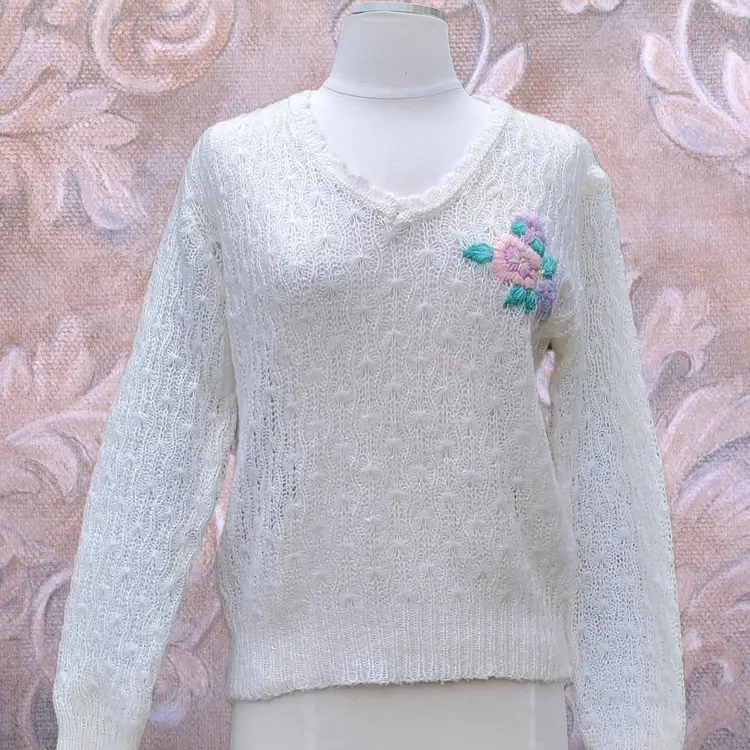 Vintage 1980's Gitano Sweater, Ivory, Sheer With Floral Embroidery